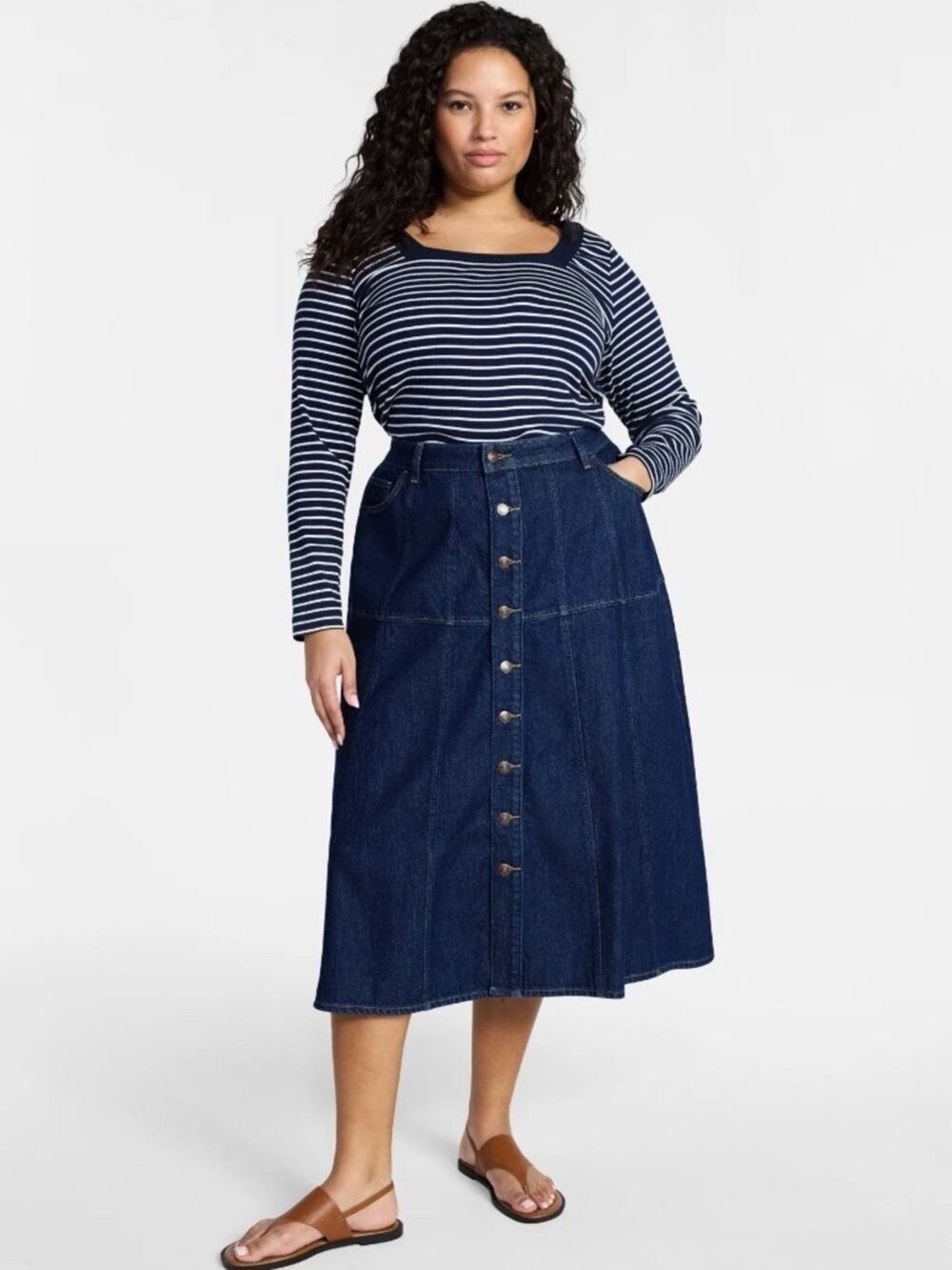 Terra & Sky Dark Blue Button-Front Denim Midi Skirt Plus size 18W - Picture 10 of 10